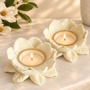 PartyLite P7369 Magnolia Lotus Flower Candle Holders Set of 2 Bisque Porcelain